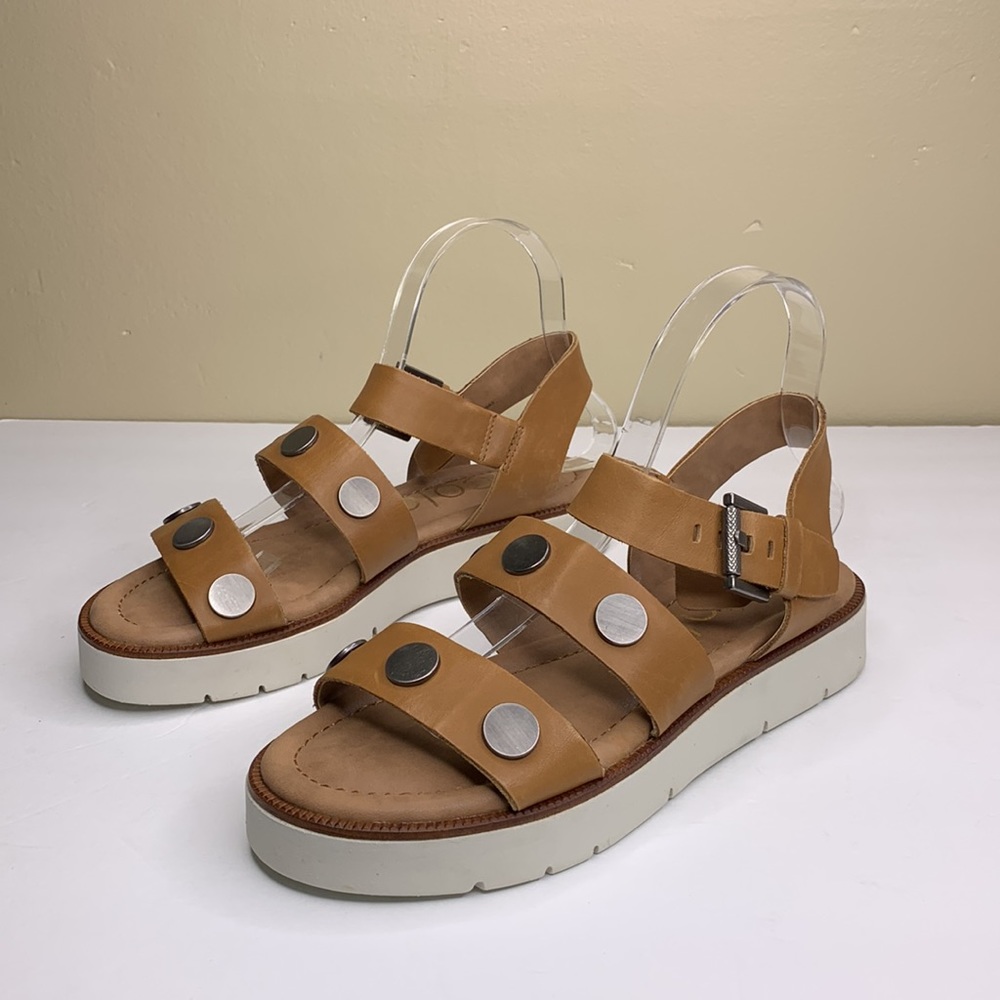 NICOLE Sandals Brown Leather Silver Studded Straps Platform Cushioned 7.5M